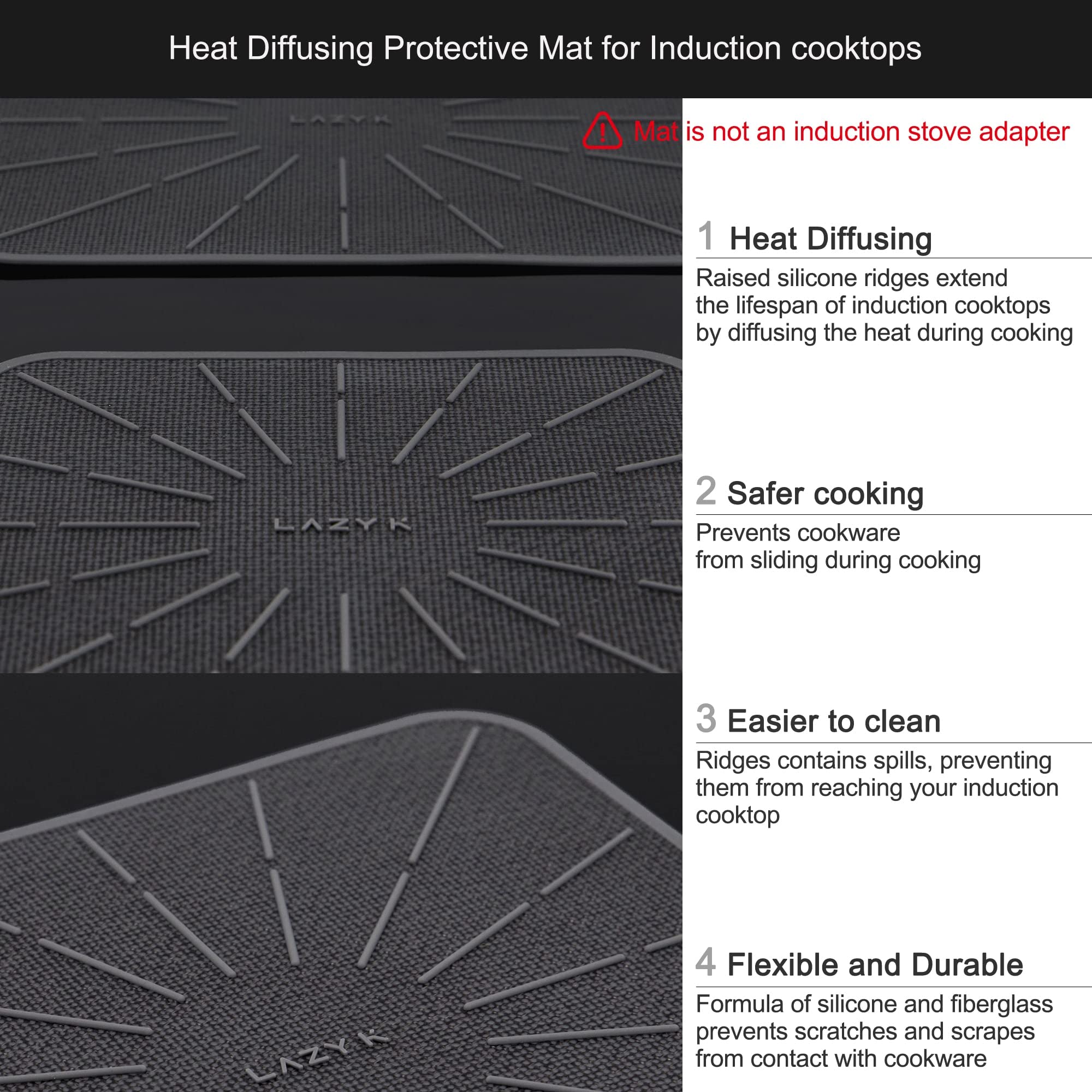 Lazy K Induction Cooktop Mat - Silicone Fiberglass Scratch Protector - for Magnetic Stove - Non slip Pads to Prevent Pots from Sliding during Cooking - Square (7.4inches) Black