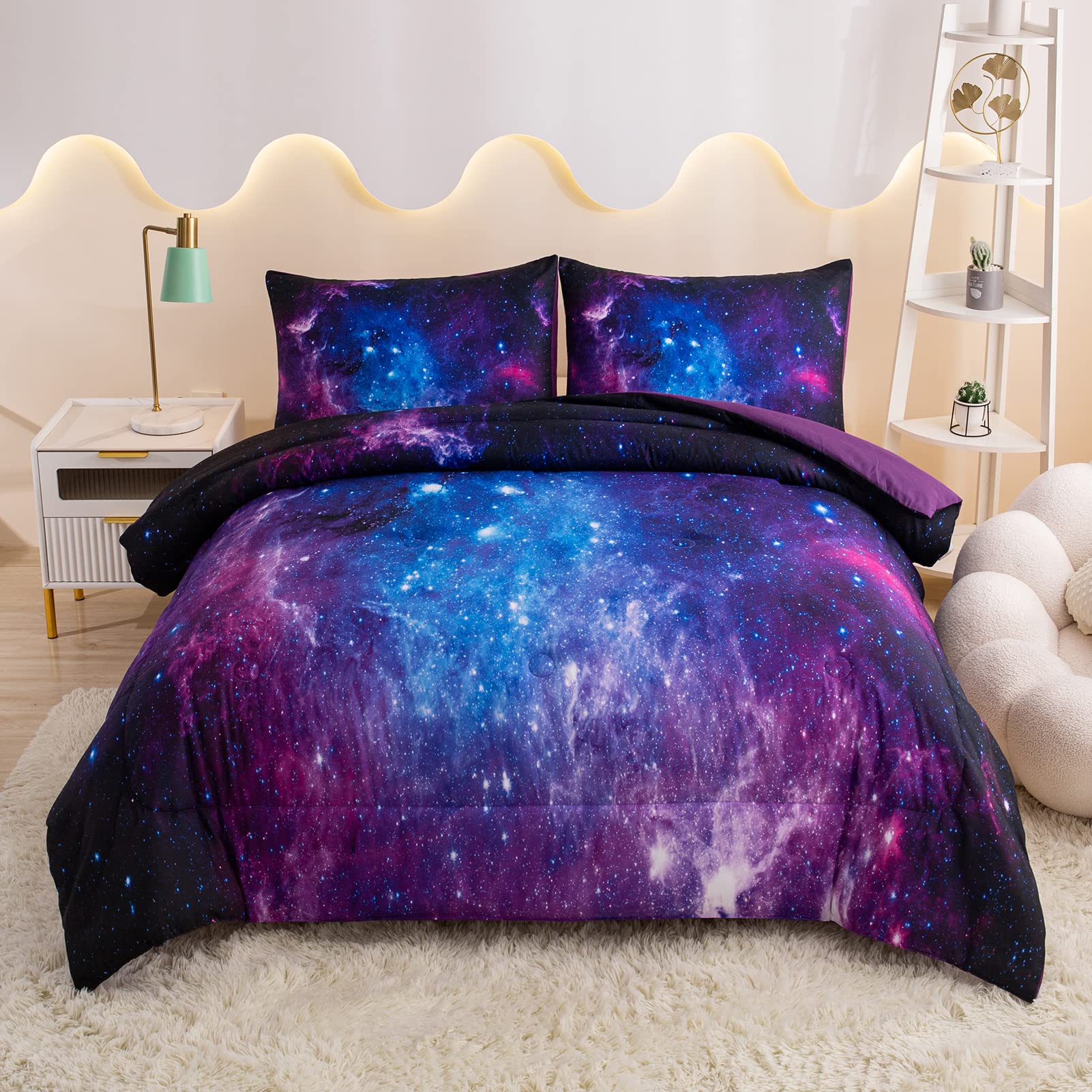 MWMWMW Galaxy Comforter Set Queen, Purple Queen Comforter Set, Kids Bedding Set for Girls, Girls Queen Comforter Set, 3 Pieces Purple Galaxy Beddingt Sets with 2 Matching Pillowcases