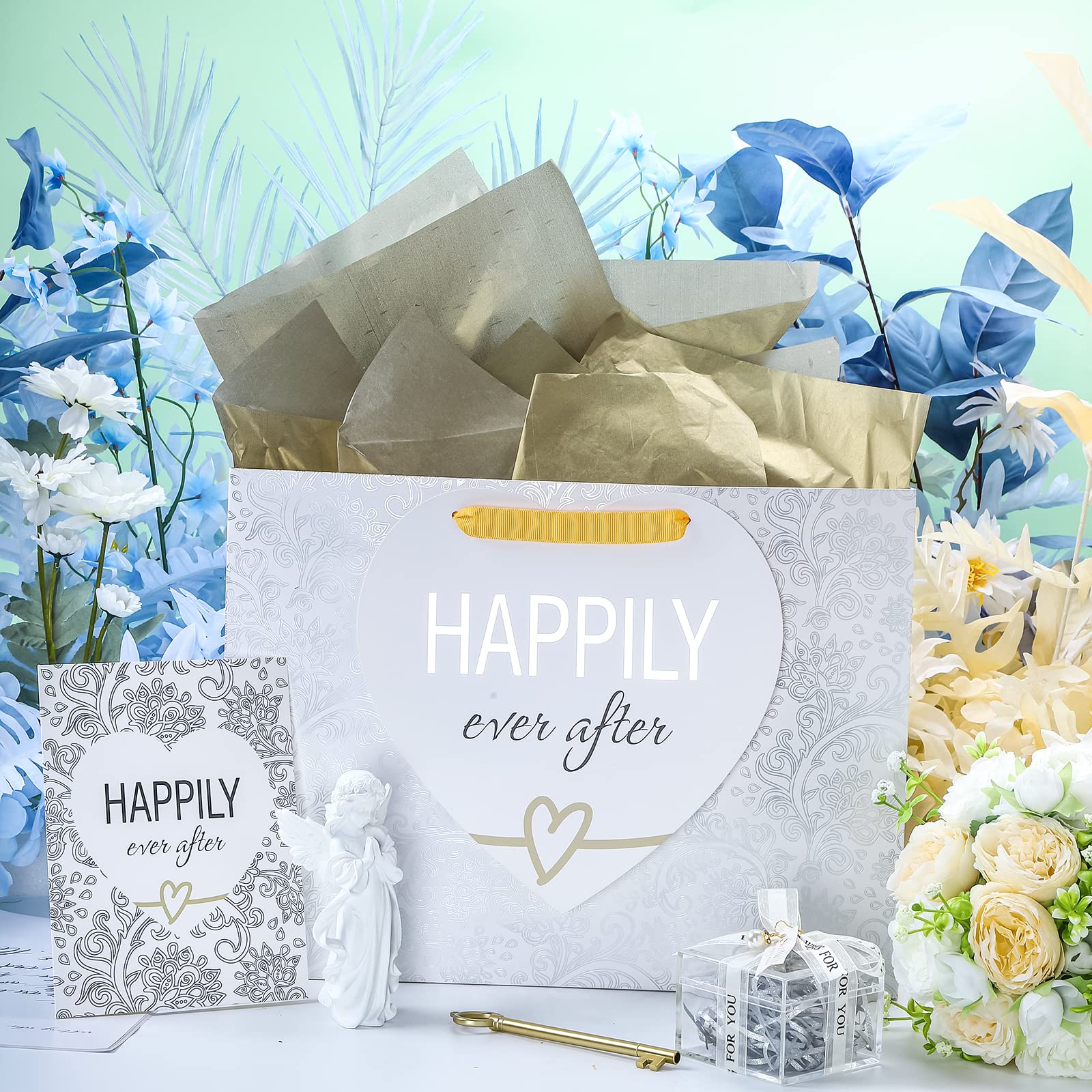 MAYPLUSS 16" Large Gift Bag with Greeting Card and Tissue Paper for Wedding - Silver Design