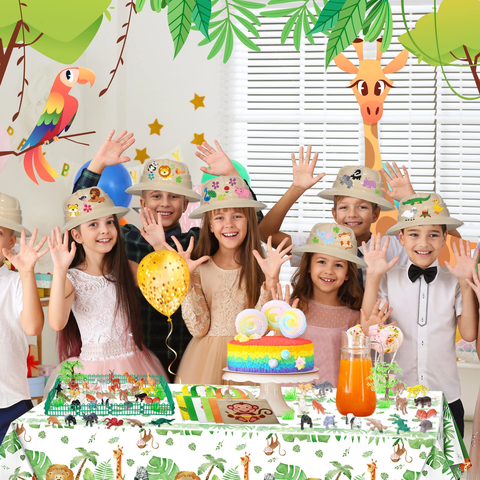 103 Pcs Safari Animal Kids Zoo Themed Party Supplies Favor Bulk Included Pith Hat Jungle Animal Plastic Tablecloth Tote Bags Silicone Bracelet Animal Stickers Mini Animal Figurines for Kids Birthday