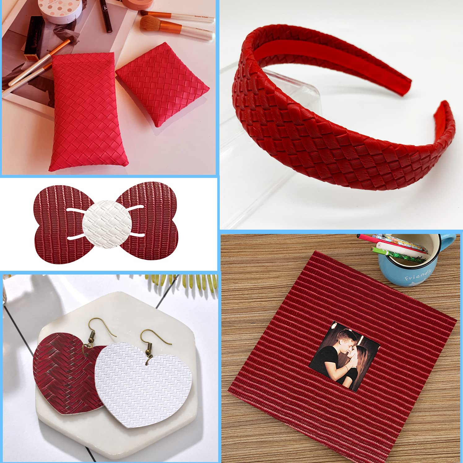 8Pcs/Set (20cmx32cm) Red Series Woven Faux Leather Sheets, Includes Braided and Lattice Striped Fabrics, for Making Earrings, Handbag, Hair Bows and DIY Crafts