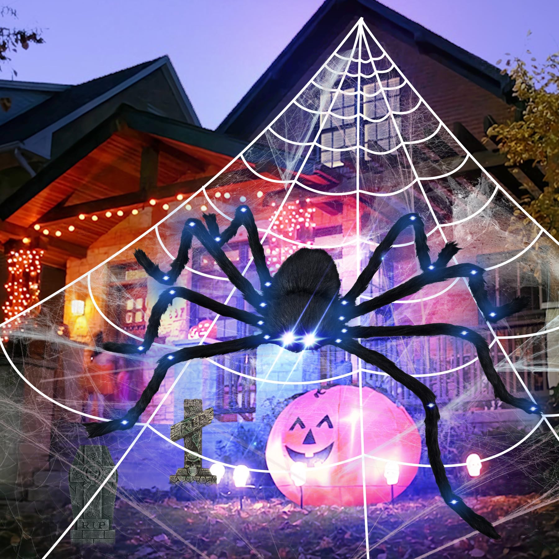 4.1FT Giant LED Halloween Spider with 24.6FT Spider Web, Light-Up Purple Eyes & Joints, Outdoor Yard Decoration with Ground Stakes & Gutter Hook, Durable & Realistic Wall Decor for Halloween Party