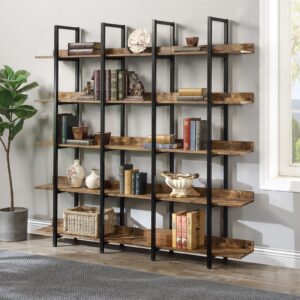 gnixuu triple wide bookshelf 5-tier, industrial display bookcase with metal frame, tall open storage book shelves for bedroom living room office (rustic brown)