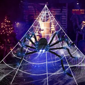 4.1FT Giant LED Halloween Spider with 24.6FT Spider Web, Light-Up Purple Eyes & Joints, Outdoor Yard Decoration with Ground Stakes & Gutter Hook, Durable & Realistic Wall Decor for Halloween Party