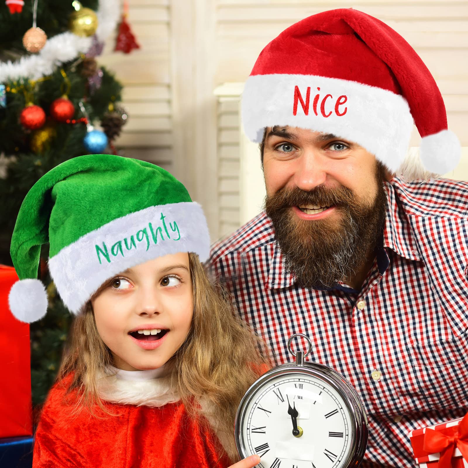 2 Pieces Naughty and Nice Plush Christmas Santa Hats Buffalo Plaid Holiday Hat for Christmas Party Supplies (Red, Green, Adult Size)