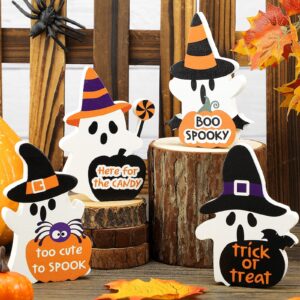 4 pieces halloween ghost decor wooden ghost theme table centerpieces cute ghost decor trick or treat candy sign blocks for home shelf party