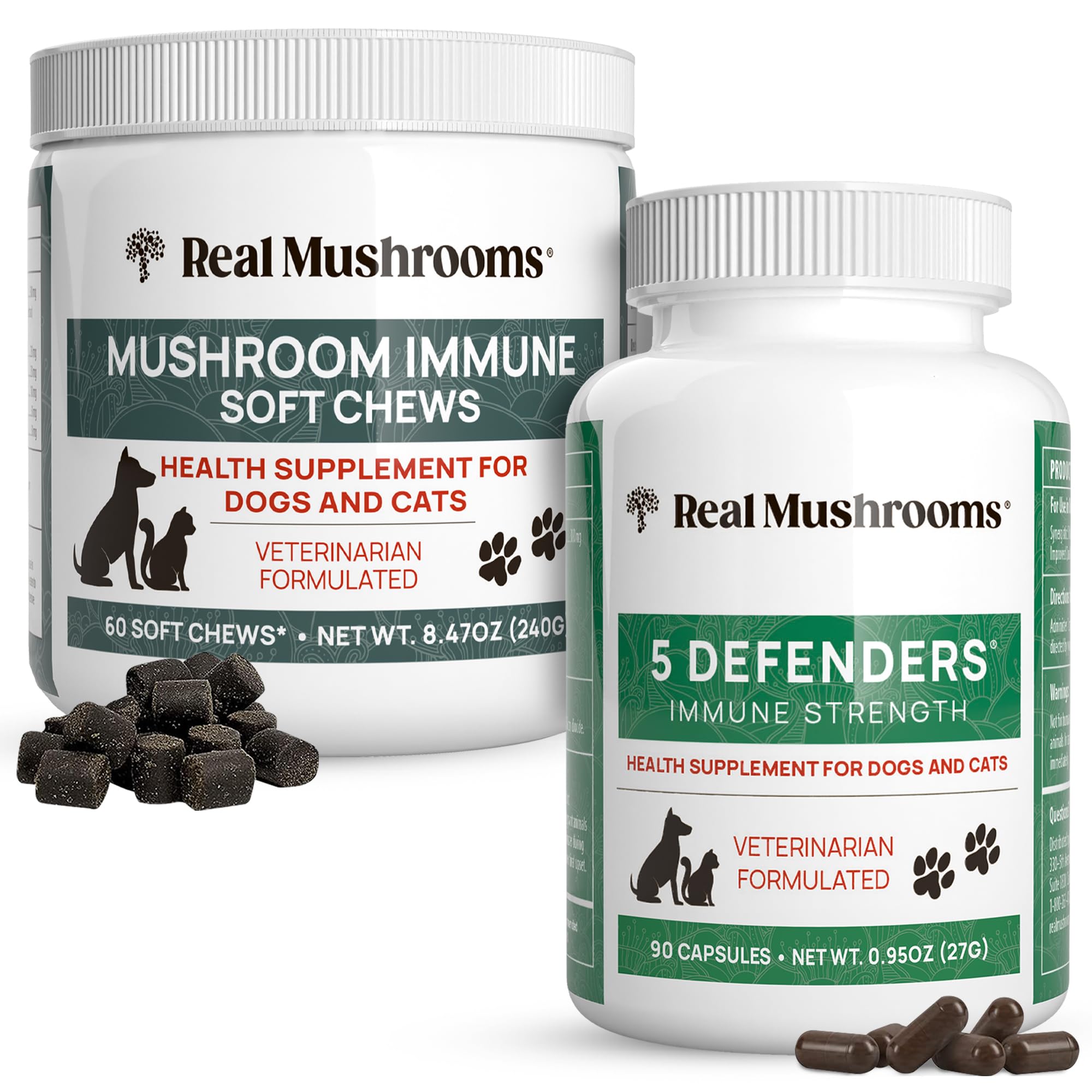 Real Mushrooms Immune Pet Chews (60ct) & 5 Defenders Pet Support (90ct) - Bundle for Immune Strength - Chaga, Shiitake, Reishi, Turkey Tail, Maitake, Ashwagandha, Astragalus & More - Vegan, Non-GMO