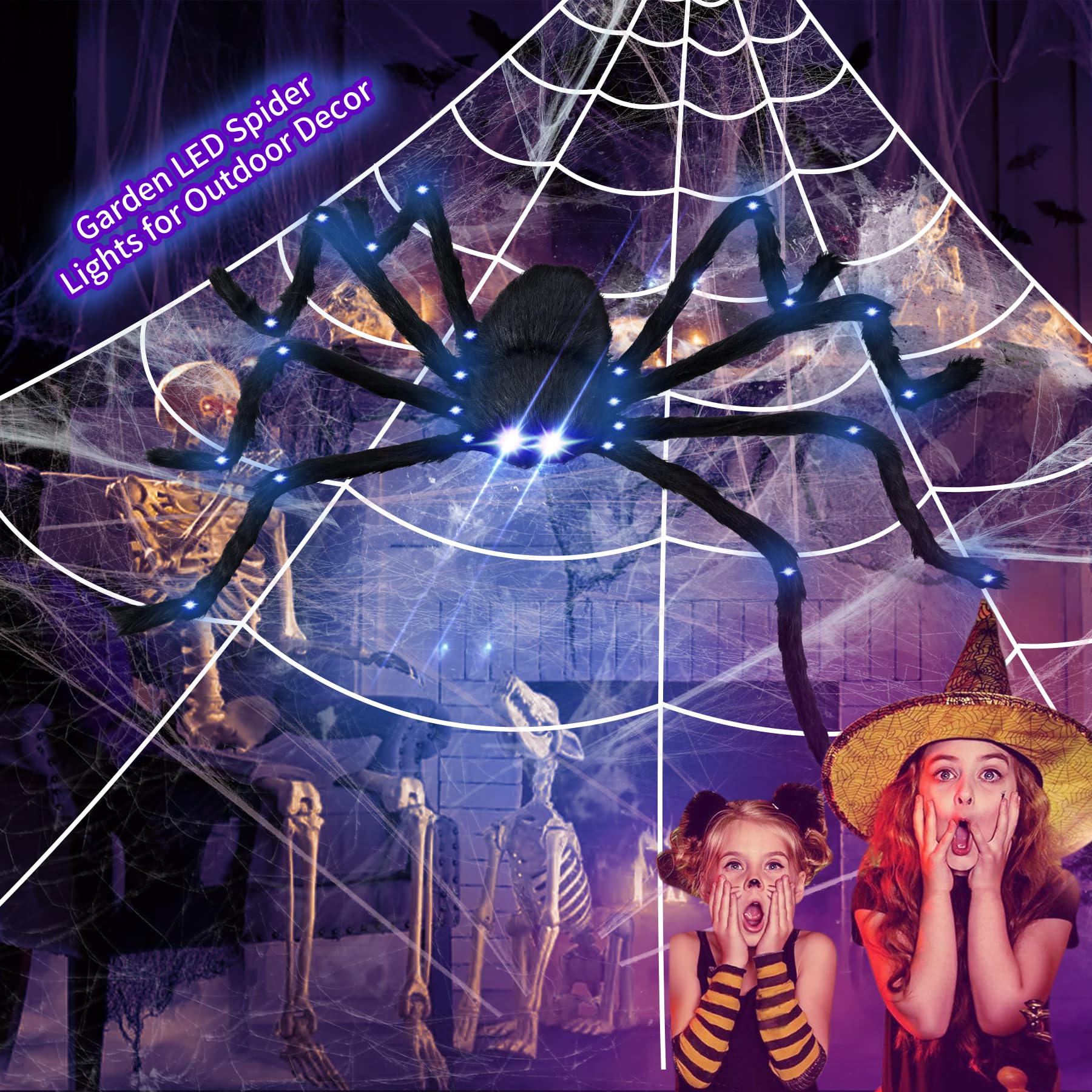 4.1FT Giant LED Halloween Spider with 24.6FT Spider Web, Light-Up Purple Eyes & Joints, Outdoor Yard Decoration with Ground Stakes & Gutter Hook, Durable & Realistic Wall Decor for Halloween Party