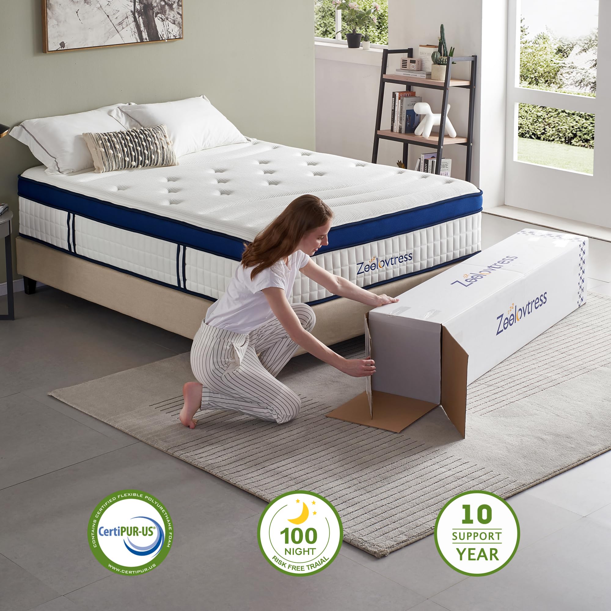 Zeelovtress 14 Inch Hybrid Queen Mattress, with Gel Memory Foam, Lyocell Fabric, and Individual Pocket Coils, Medium Firmness for Pain Pressure Relief, CertiPUR-US, 120 Nights Trial