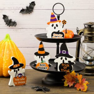 4 Pieces Halloween Ghost Decor Wooden Ghost Theme Table Centerpieces Cute Ghost Decor Trick or Treat Candy Sign Blocks for Home Shelf Party