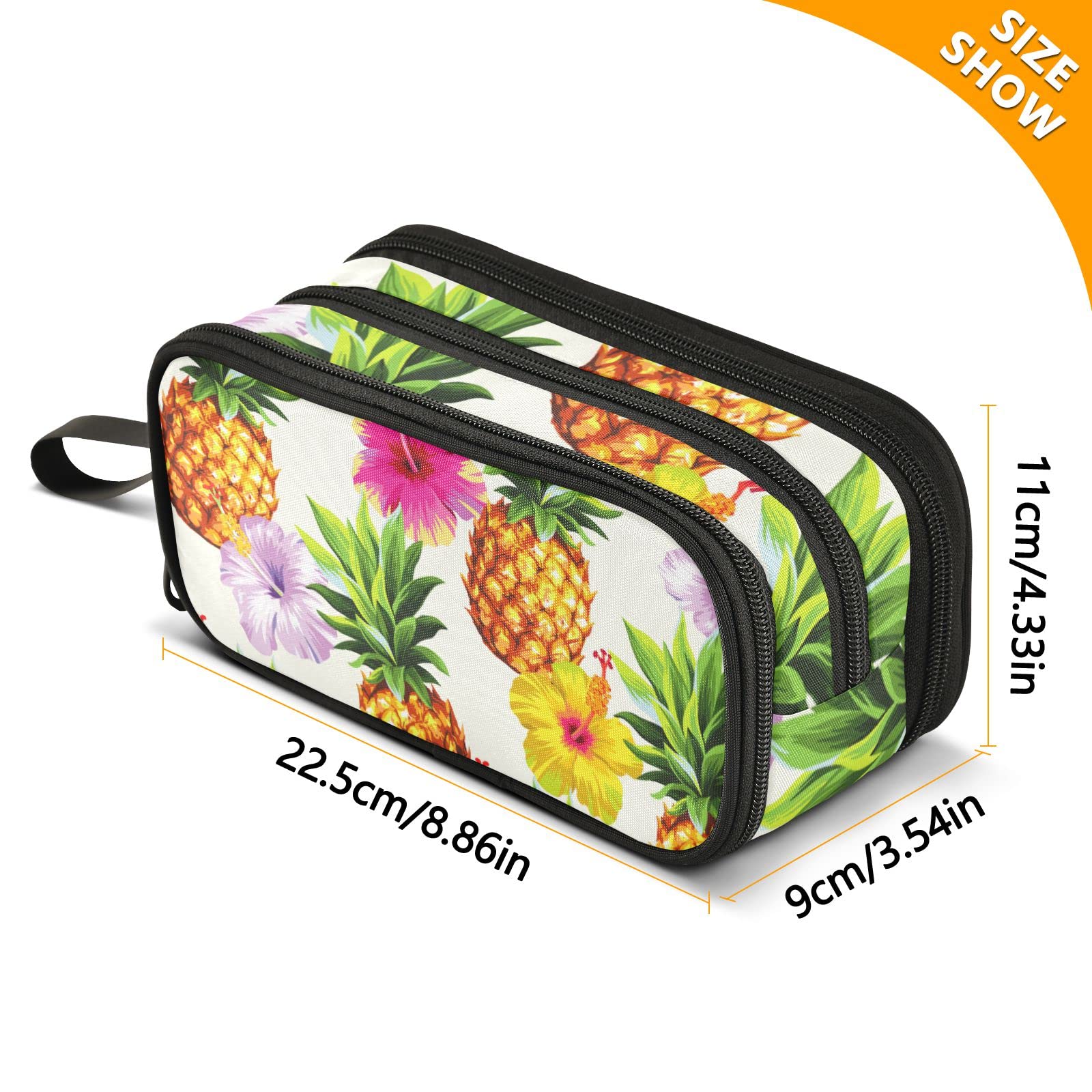 Emelivor Hawaiian Pineapple Flowers Pencil Case Big Capacity Pencil Pouch Pencil Bags with Zipper Pencil Box for Women Girls Kids Students Adults Office School Supplies Pen Case Organizer