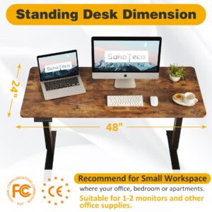 SohoTeco Height Adjustable Electric Stand Up Desk, 48x24 Computer Desk with Memory Presets for Home and Office, Black Frame & Brown Desktop