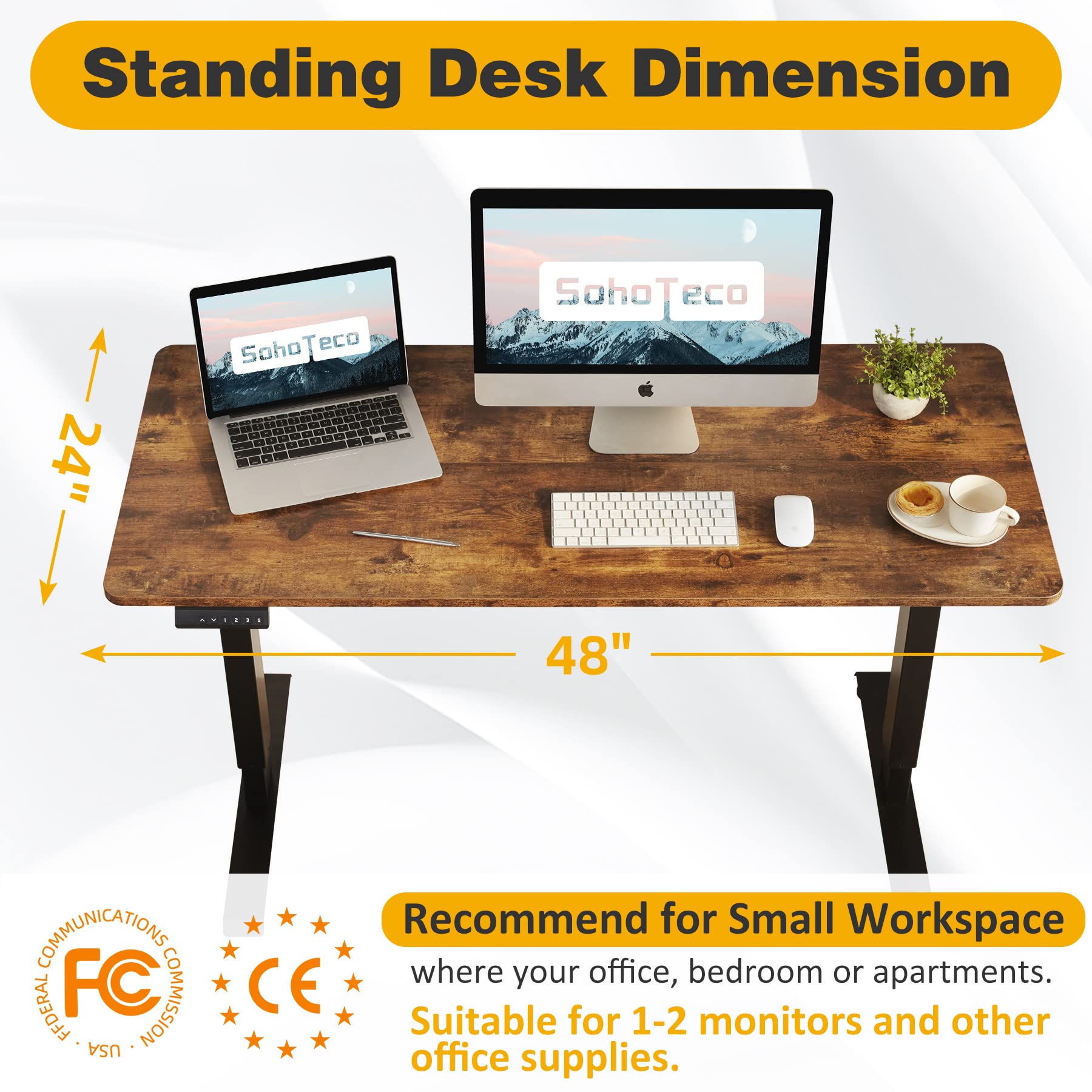 SohoTeco Height Adjustable Electric Stand Up Desk, 48x24 Computer Desk with Memory Presets for Home and Office, Black Frame & Brown Desktop