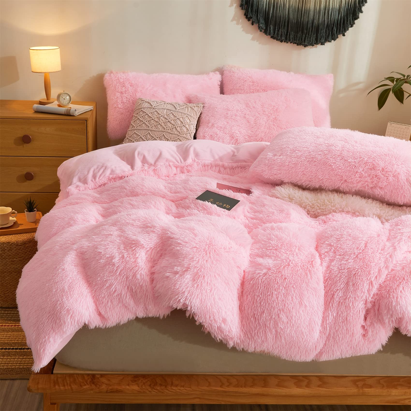 Pink Fluffy Comforter Cover, Ultra Soft Faux Fur Duvet Cover Bedding Sets 3 Pieces with Pillow Cases, Fluffy Bed Set Zipper Closure (Pink, Queen)