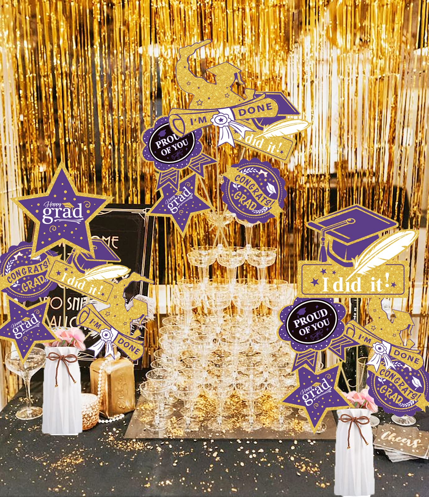 Graduation Party Decorations Purple Gold 2024/Purple Graduation Decorations Class of 2024 NYU Table Centerpieces-24Pcs Purple Gold Black Graduation Sticks Table Toppers for Graduation