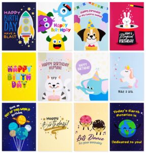 12 large kids happy birthday cards 5 x 7 inch – 12 premium children birthday cards for him & her with illustrated dogs, cats, space rockets, planets, and cute furry characters printed on thick 350 gsm