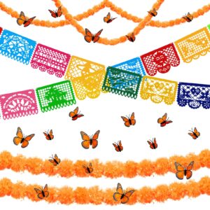 18 pcs day of the dead party banners day of the dead party decorations dia de los muertos day of the dead decor with 24 pcs monarch butterfly 3 artificial marigold flowers garland for diwali decor