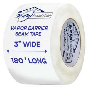 bluetex insulationㅤ 3" wide x 180' long white vapor barrier seam tape - 1 roll, waterproofing & great for crawlspaces, insulation repairs, underlayment seams, metal building insulation seams