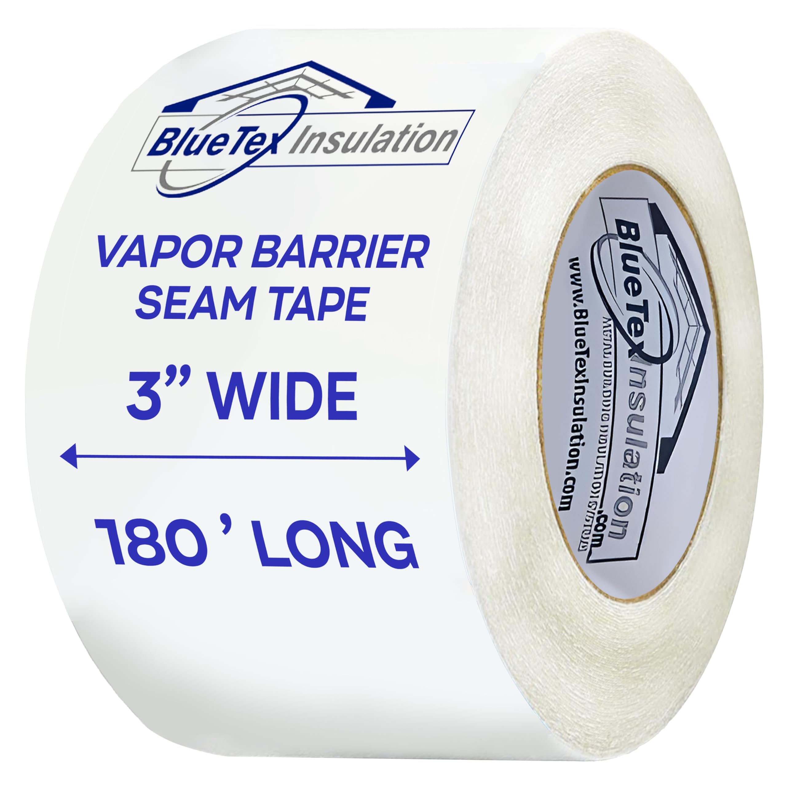 BlueTex Insulationㅤ 3" Wide x 180' Long White Vapor Barrier Seam Tape - 1 Roll, Waterproofing & Great for Crawlspaces, Insulation Repairs, Underlayment Seams, Metal Building Insulation Seams