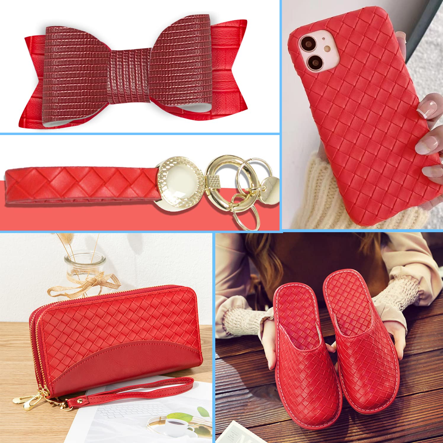 8Pcs/Set (20cmx32cm) Red Series Woven Faux Leather Sheets, Includes Braided and Lattice Striped Fabrics, for Making Earrings, Handbag, Hair Bows and DIY Crafts