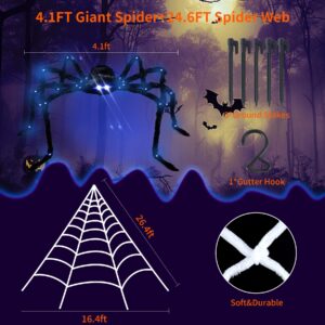 4.1FT Giant LED Halloween Spider with 24.6FT Spider Web, Light-Up Purple Eyes & Joints, Outdoor Yard Decoration with Ground Stakes & Gutter Hook, Durable & Realistic Wall Decor for Halloween Party