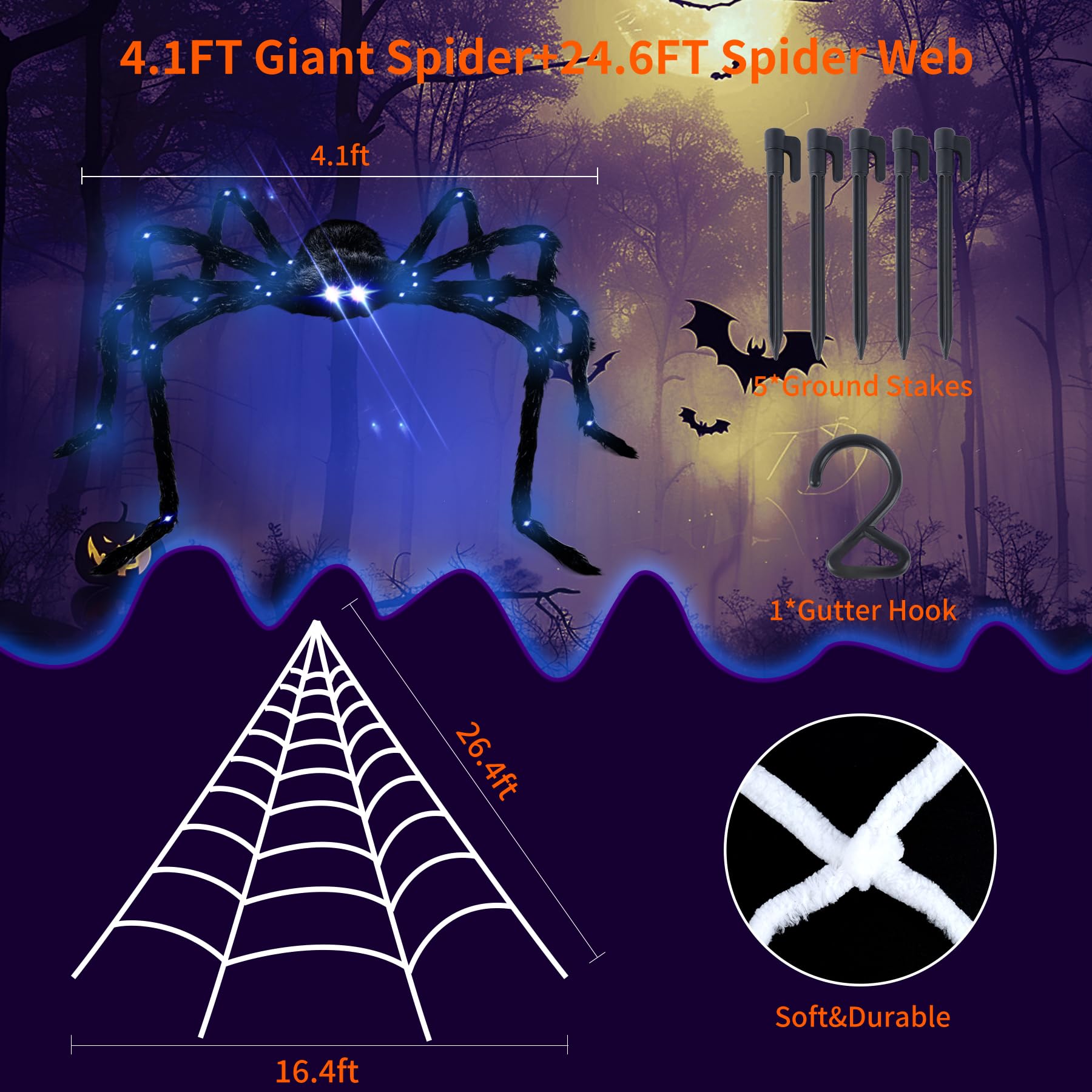 4.1FT Giant LED Halloween Spider with 24.6FT Spider Web, Light-Up Purple Eyes & Joints, Outdoor Yard Decoration with Ground Stakes & Gutter Hook, Durable & Realistic Wall Decor for Halloween Party