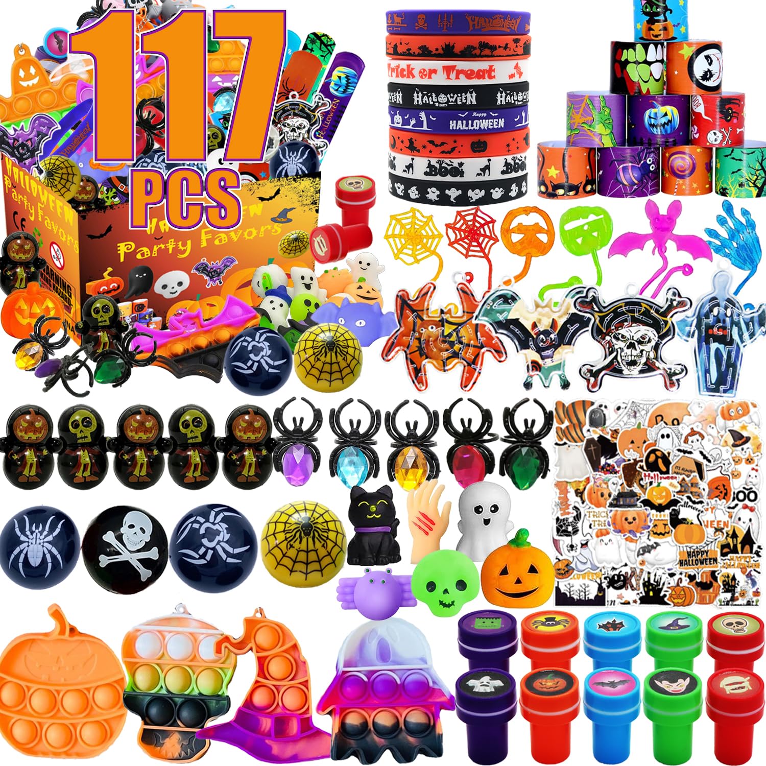 Huastyle 117 Pcs Halloween Party Favors for Kids 4-8, Fidget Pop Toys for Halloween Goodie Bag Fillers, Halloween Prizes for Kids, Pinata Stuffers, Treasure Box Toys for Classroom Rewards Gift