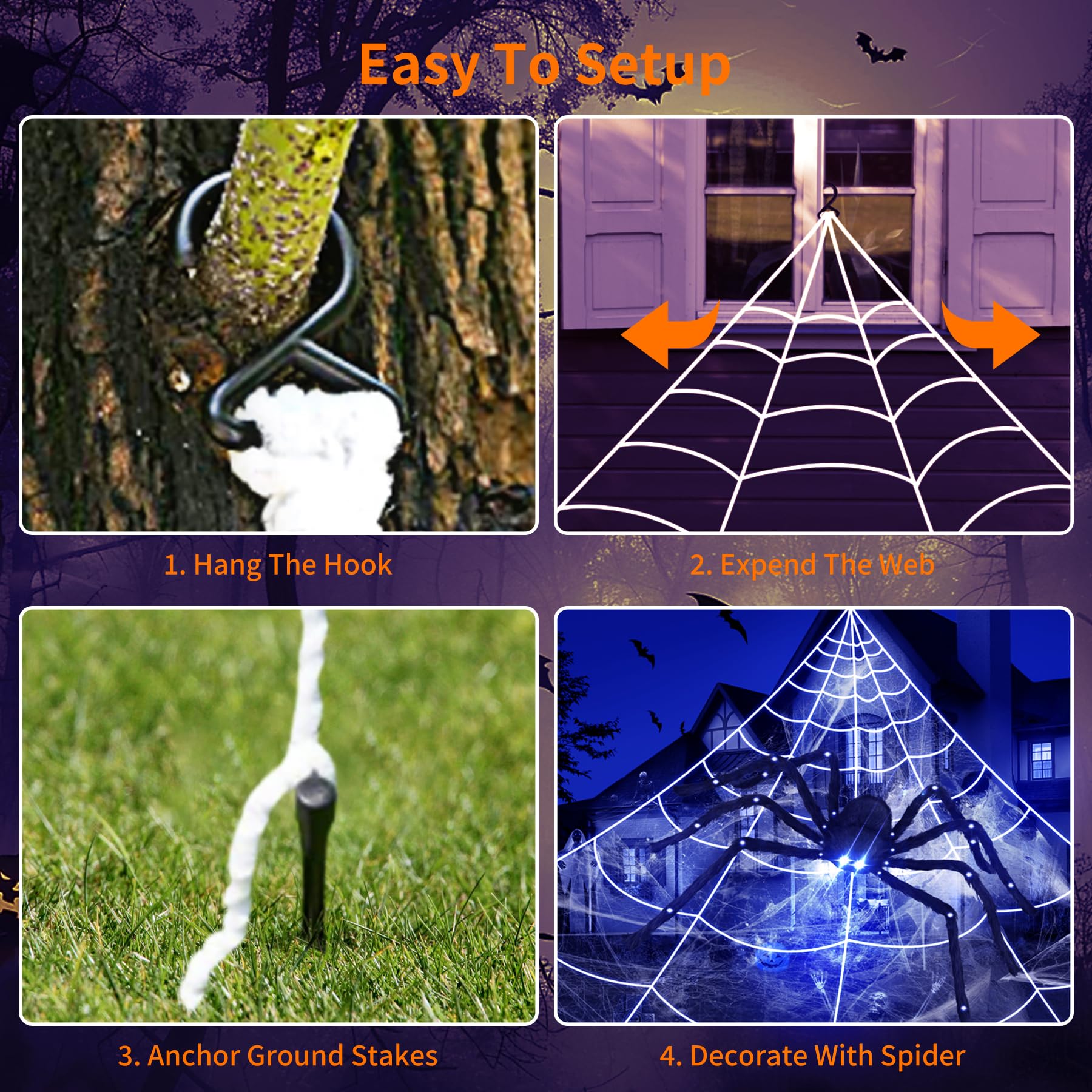 4.1FT Giant LED Halloween Spider with 24.6FT Spider Web, Light-Up Purple Eyes & Joints, Outdoor Yard Decoration with Ground Stakes & Gutter Hook, Durable & Realistic Wall Decor for Halloween Party