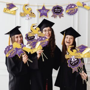 Graduation Party Decorations Purple Gold 2024/Purple Graduation Decorations Class of 2024 NYU Table Centerpieces-24Pcs Purple Gold Black Graduation Sticks Table Toppers for Graduation