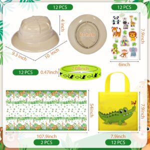 103 Pcs Safari Animal Kids Zoo Themed Party Supplies Favor Bulk Included Pith Hat Jungle Animal Plastic Tablecloth Tote Bags Silicone Bracelet Animal Stickers Mini Animal Figurines for Kids Birthday