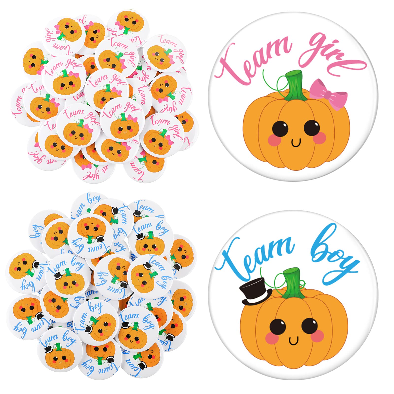 60 Pieces Halloween Gender Reveal Buttons Pins Team Boy Team Girl Pins Pumpkin Button Pins for Thanksgiving Gender Reveal Party Baby Shower Decorations(Pumpkin Style)