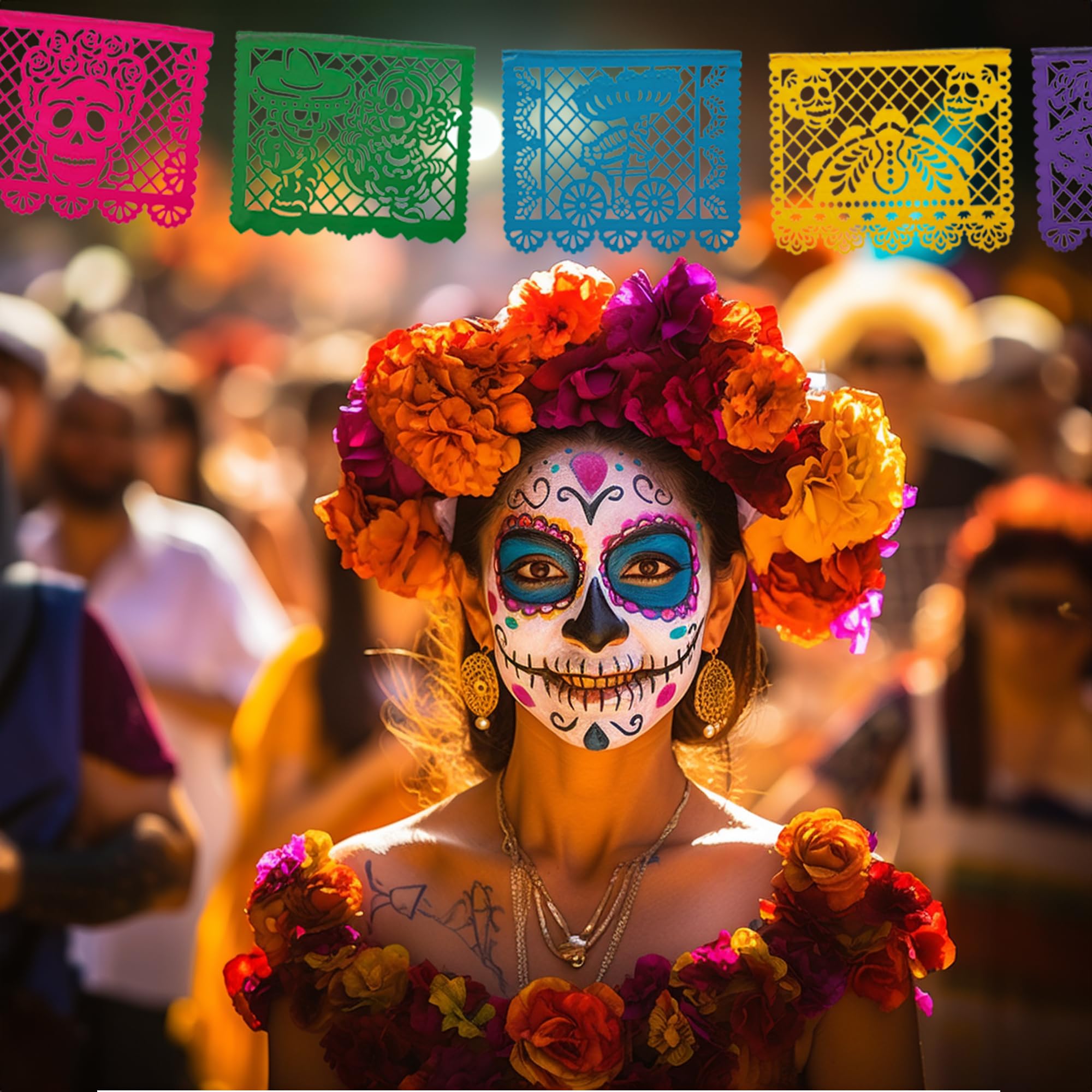 Mexican Party Banners (5 Pack - 10 Plastic Flag Designs per Banner) - Papel Picado Dia de Los Muertos Decorations for Altar - Day of The Dead Banners - Day of Dead Décor