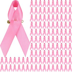 yunsailing 150 pcs breast cancer ribbons pink ribbon pins breast cancer awareness satin pins bulk with safety pins for breast cancer charity event fundraising campaign party supplies, 3 x 2.6 inches