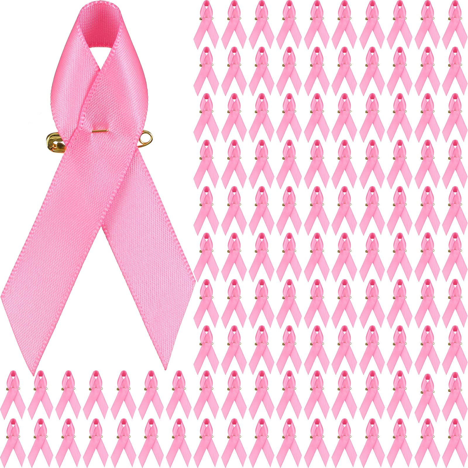 Yunsailing 150 Pcs Breast Cancer Ribbons Pink Ribbon Pins Breast Cancer Awareness Satin Pins Bulk with Safety Pins for Breast Cancer Charity Event Fundraising Campaign Party Supplies, 3 x 2.6 Inches