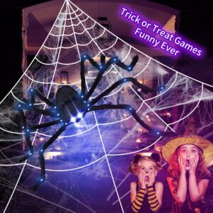 4.1FT Giant LED Halloween Spider with 24.6FT Spider Web, Light-Up Purple Eyes & Joints, Outdoor Yard Decoration with Ground Stakes & Gutter Hook, Durable & Realistic Wall Decor for Halloween Party