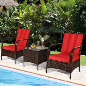 HAPPYGRILL 3-Piece Patio Conversation Set Outdoor Rattan Wicker Furniture Set with Coffee Table, PE Wicker Sofa Set with Soft Cushion & Back Pillow for Patio Garden Poolside