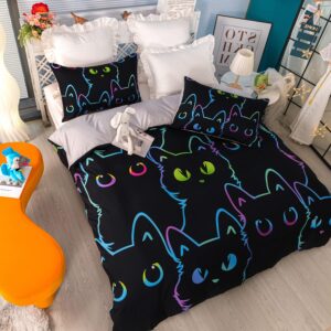 Cartoon Cat Comforter Cover Set King Size,Gradient Line Cat Bedding Set,Cute Cat Duvet Cover Set with Zipper for Teens Kids Boys Girls Adults Room Decor,1 Quilt Cover 2 Pillow Cases No Comforter,Black