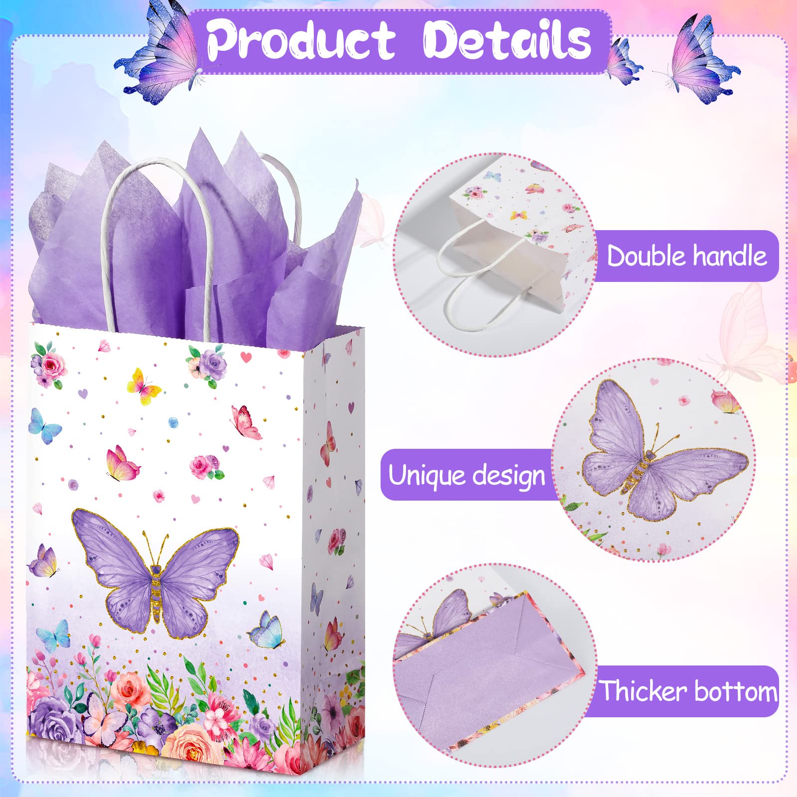 16 Pack Butterfly Goodie Bags, Butterfly Party Favor Bags with Handles and Sydney Paper Pink Purple Birthday Present Bags Butterfly Party Supplies for Kids Birthday Baby Shower Party Decorations