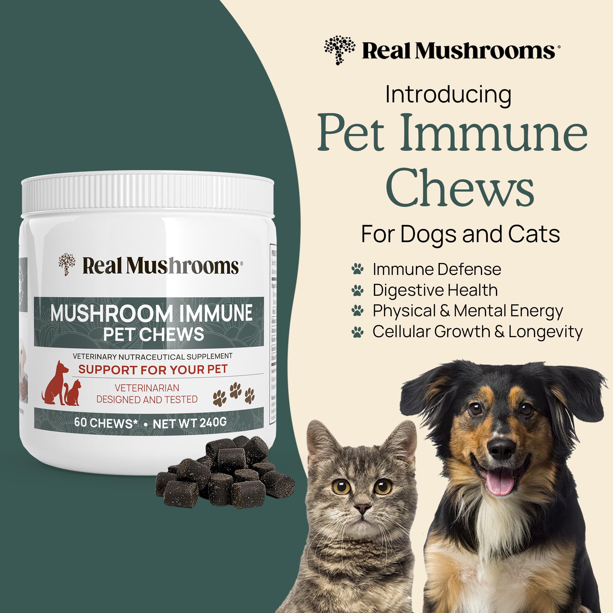 Real Mushrooms Immune Pet Chews (60ct) & 5 Defenders Pet Support (90ct) - Bundle for Immune Strength - Chaga, Shiitake, Reishi, Turkey Tail, Maitake, Ashwagandha, Astragalus & More - Vegan, Non-GMO