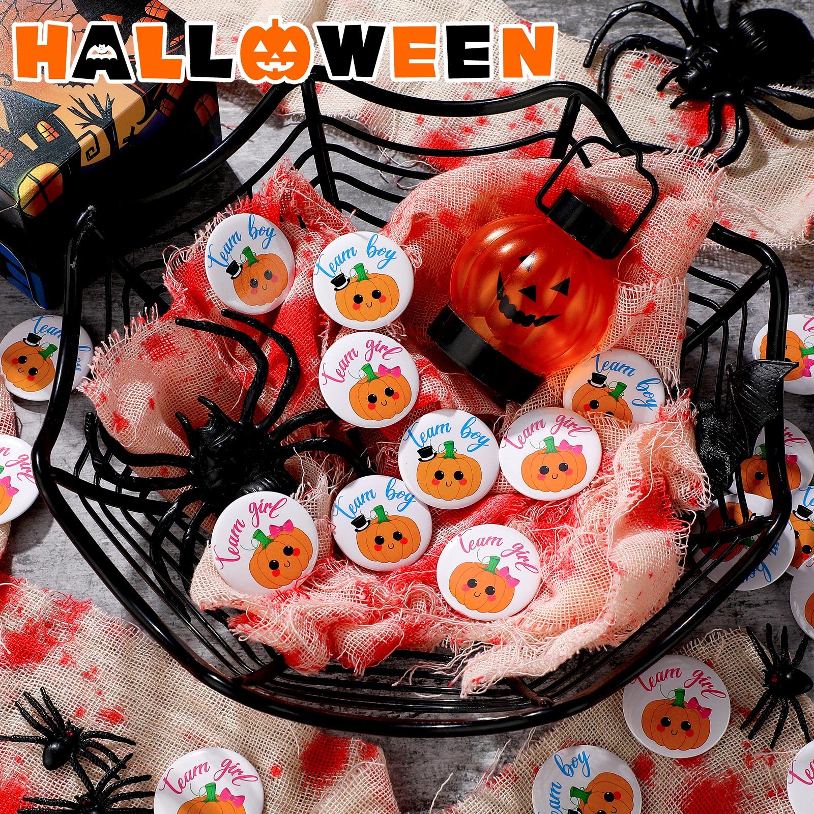 60 Pieces Halloween Gender Reveal Buttons Pins Team Boy Team Girl Pins Pumpkin Button Pins for Thanksgiving Gender Reveal Party Baby Shower Decorations(Pumpkin Style)