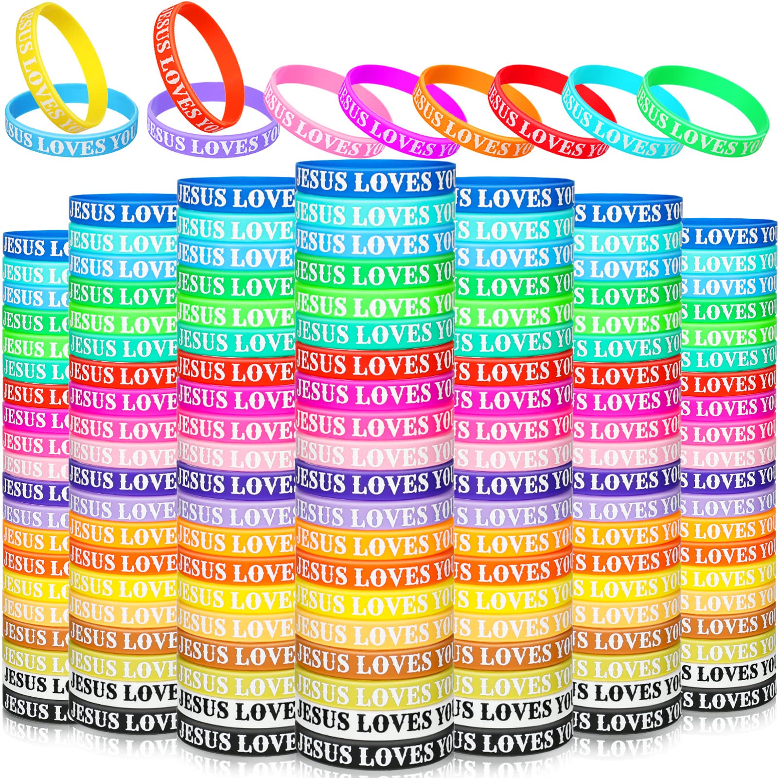 Jerify 200 Pcs Jesus Loves You Silicone Bracelet Christian Wristbands Bulk Bible Verse Rubber Bracelet Religious Colorful Bands for Party Favors Gifts Prizes(Printed)