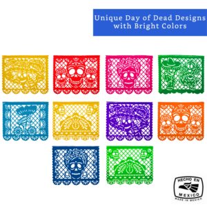 Mexican Party Banners (5 Pack - 10 Plastic Flag Designs per Banner) - Papel Picado Dia de Los Muertos Decorations for Altar - Day of The Dead Banners - Day of Dead Décor