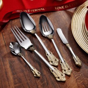 KEAWELL Luxury 45 Pieces 18/10 Stainless Steel Flatware set, Service for 8, silver plated with gold accents, Fine Silverware set and Dishwasher Safe