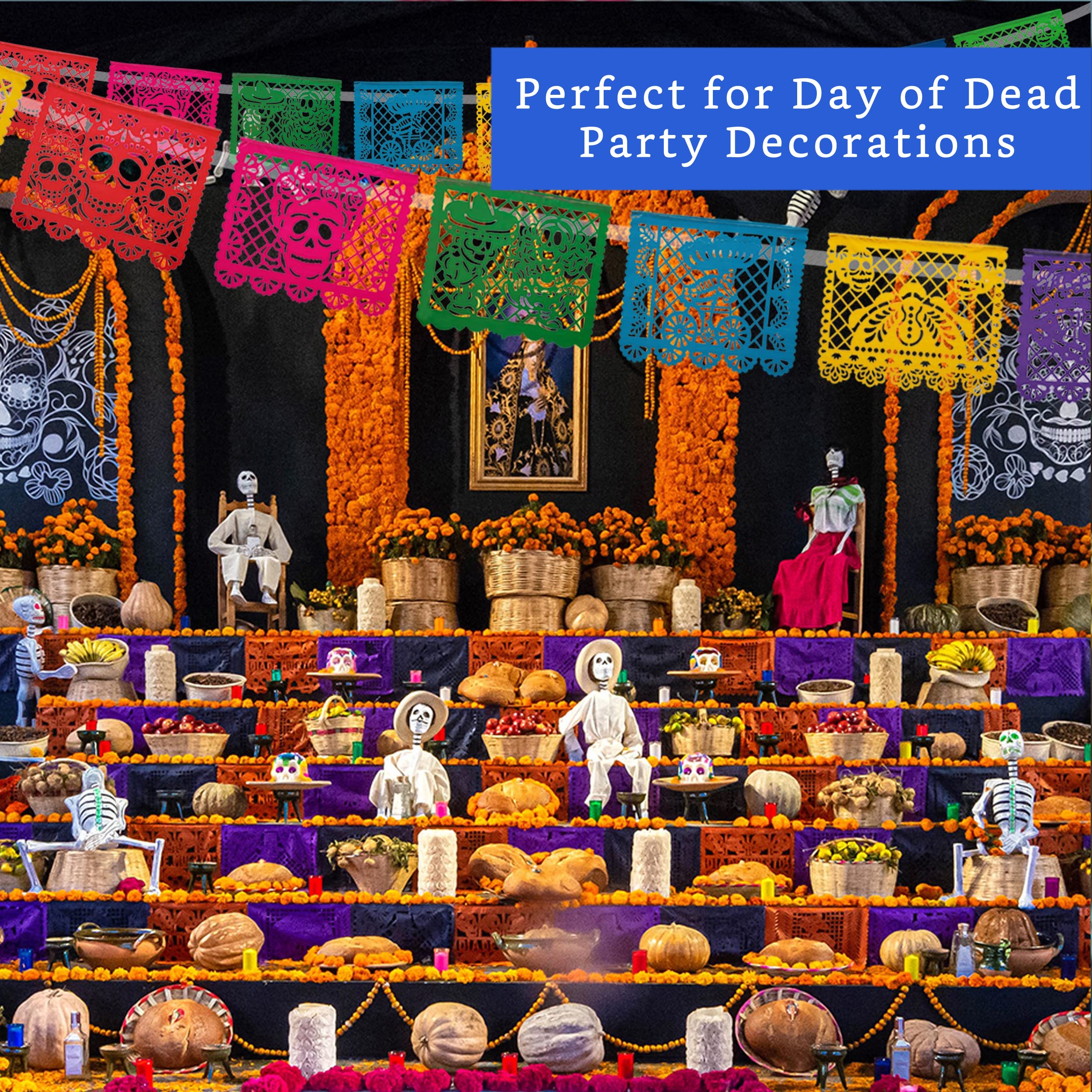 Mexican Party Banners (5 Pack - 10 Plastic Flag Designs per Banner) - Papel Picado Dia de Los Muertos Decorations for Altar - Day of The Dead Banners - Day of Dead Décor