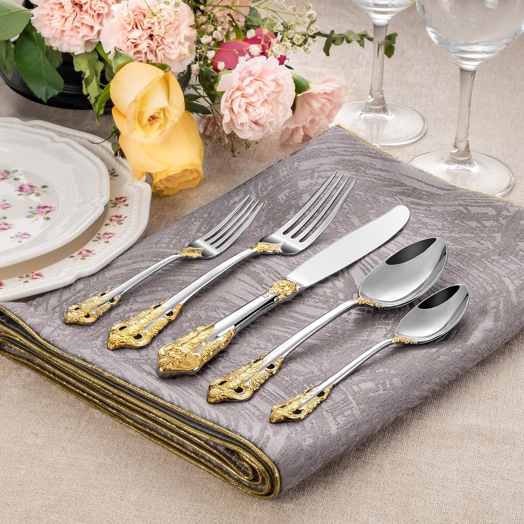 KEAWELL Luxury 45 Pieces 18/10 Stainless Steel Flatware set, Service for 8, silver plated with gold accents, Fine Silverware set and Dishwasher Safe