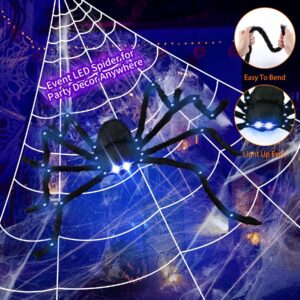 4.1FT Giant LED Halloween Spider with 24.6FT Spider Web, Light-Up Purple Eyes & Joints, Outdoor Yard Decoration with Ground Stakes & Gutter Hook, Durable & Realistic Wall Decor for Halloween Party