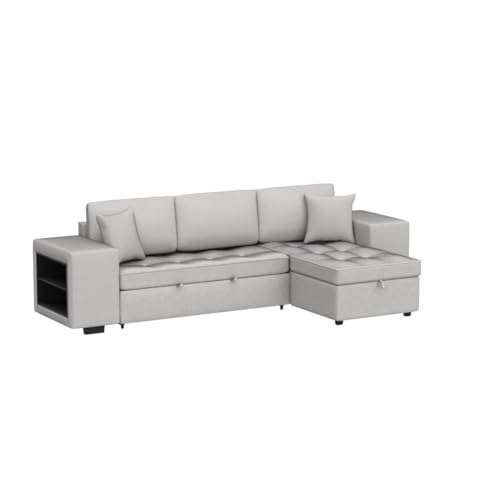 P PURLOVE Sectional Sofa with Pull-Out Sleeper Sofa Bed, Reversible Sectional Sofa with Storage Chaise and 2 Stools, L Shaped Couch Set for Living Room Apartment, Gray