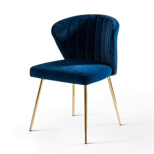 HULALA HOME Velvet Dining Chairs, Modern Small Armless Accent Chair with Gold Metal Legs, Living Room Upholstered Cute Side Chair, Elegant Tufted Back Vanity Chair for Bedroom/Beauty Room-Navy