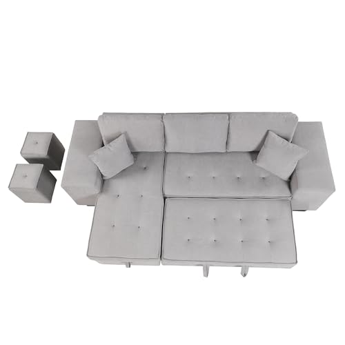 P PURLOVE Sectional Sofa with Pull-Out Sleeper Sofa Bed, Reversible Sectional Sofa with Storage Chaise and 2 Stools, L Shaped Couch Set for Living Room Apartment, Gray