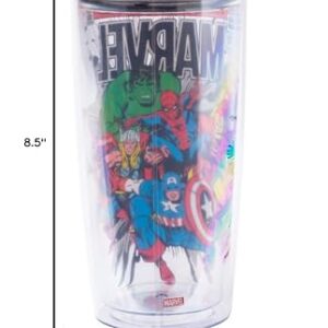 Silver Buffalo Retro Marvel Comics Avengers Double Wall Travel Tumbler with Slide Close Lid Spider-Man, Captain America, Thor, Hulk, and Iron Man, 20 Ounces